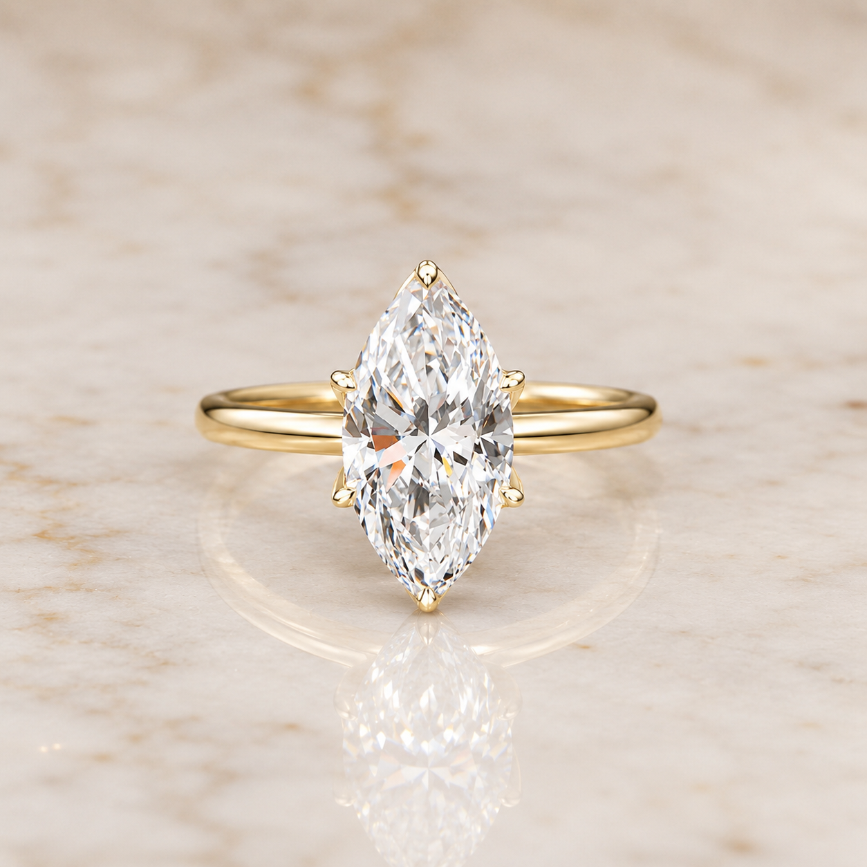 Marquise Lab Grown Diamond Engagement Ring Solitaire 14K Yellow Gold – Six Floral Prong 1ct E VVS2