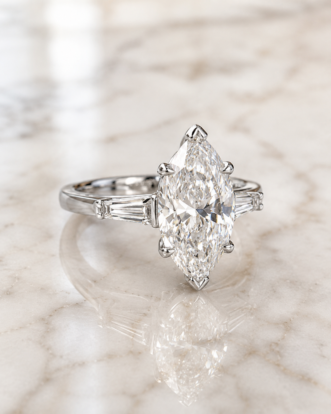 Marquise Lab Grown Diamond Engagement Ring Three Stone 14K White Gold Tapered Baguette, E VVS2