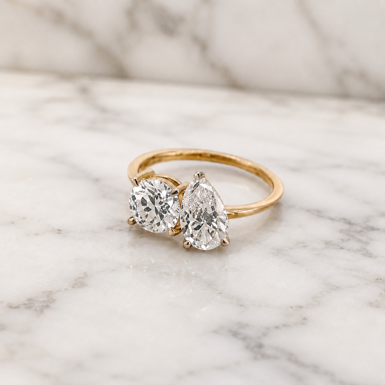 Round & Pear Lab Grown Diamond Toi et Moi Ring Two Stone 14K Rose Gold 2 Carat E VVS2