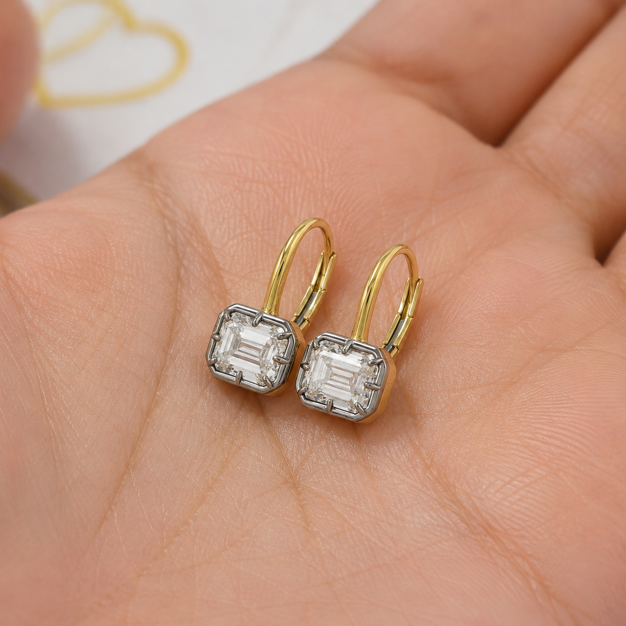 Emerald Cut Lab Grown Diamond Drop Earrings Bezel Set 14K Yellow Gold 2ct Lever Back
