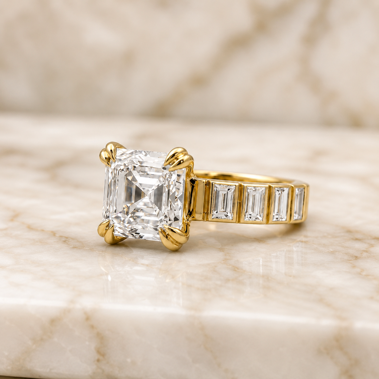 Asscher Cut Lab Grown Diamond Engagement Ring Channel-Set Baguette 14K Yellow Gold VVS2 E Clarity