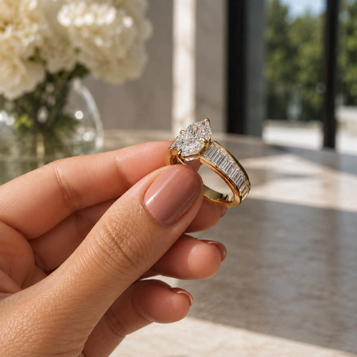 Dutch Marquise Lab Grown Diamond Engagement Ring Channel Set Baguette 14K Gold IGI Certified