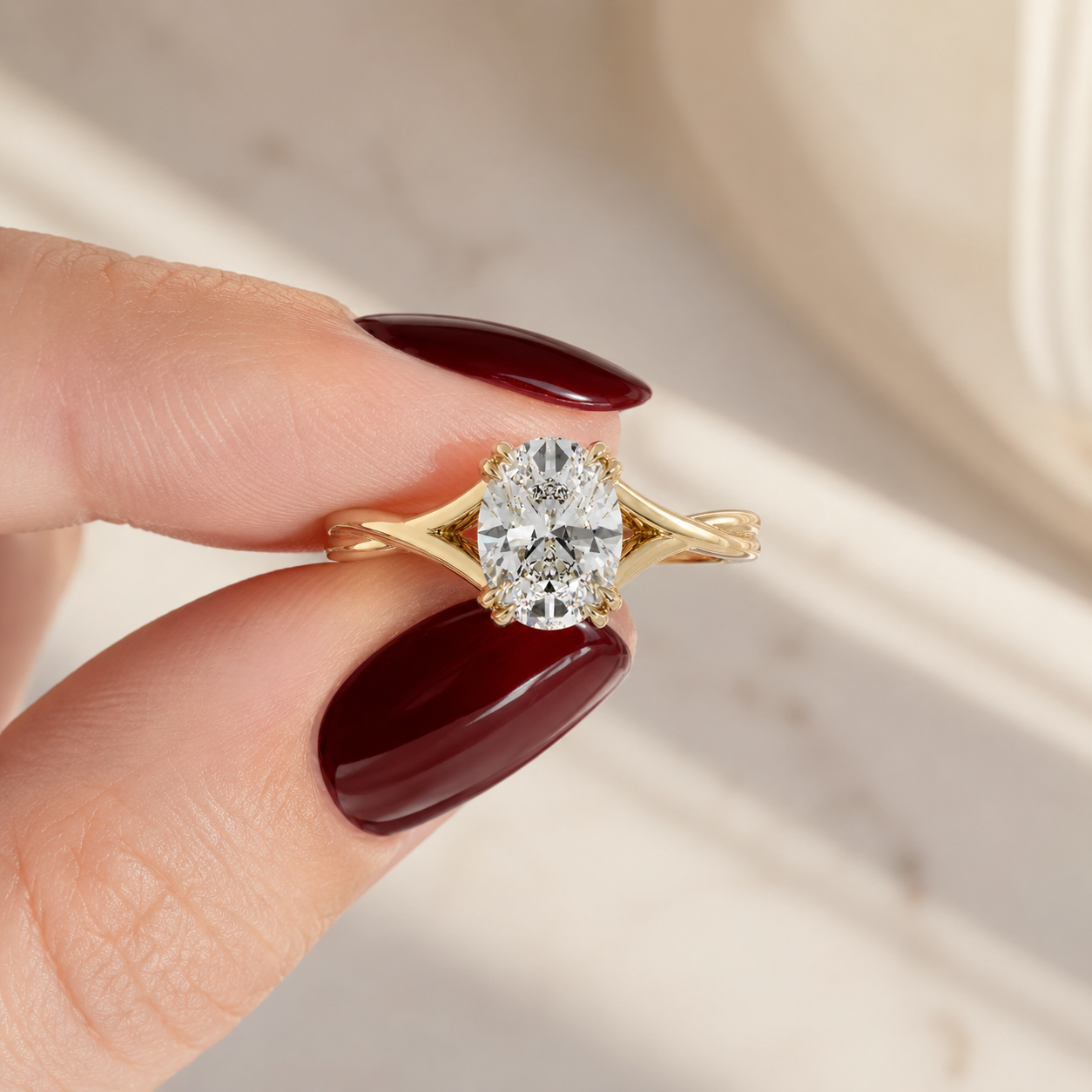 Oval Lab Grown Diamond Engagement Ring Solitaire Basket 14K Yellow Gold IGI Certified 2ct Twisted Shank
