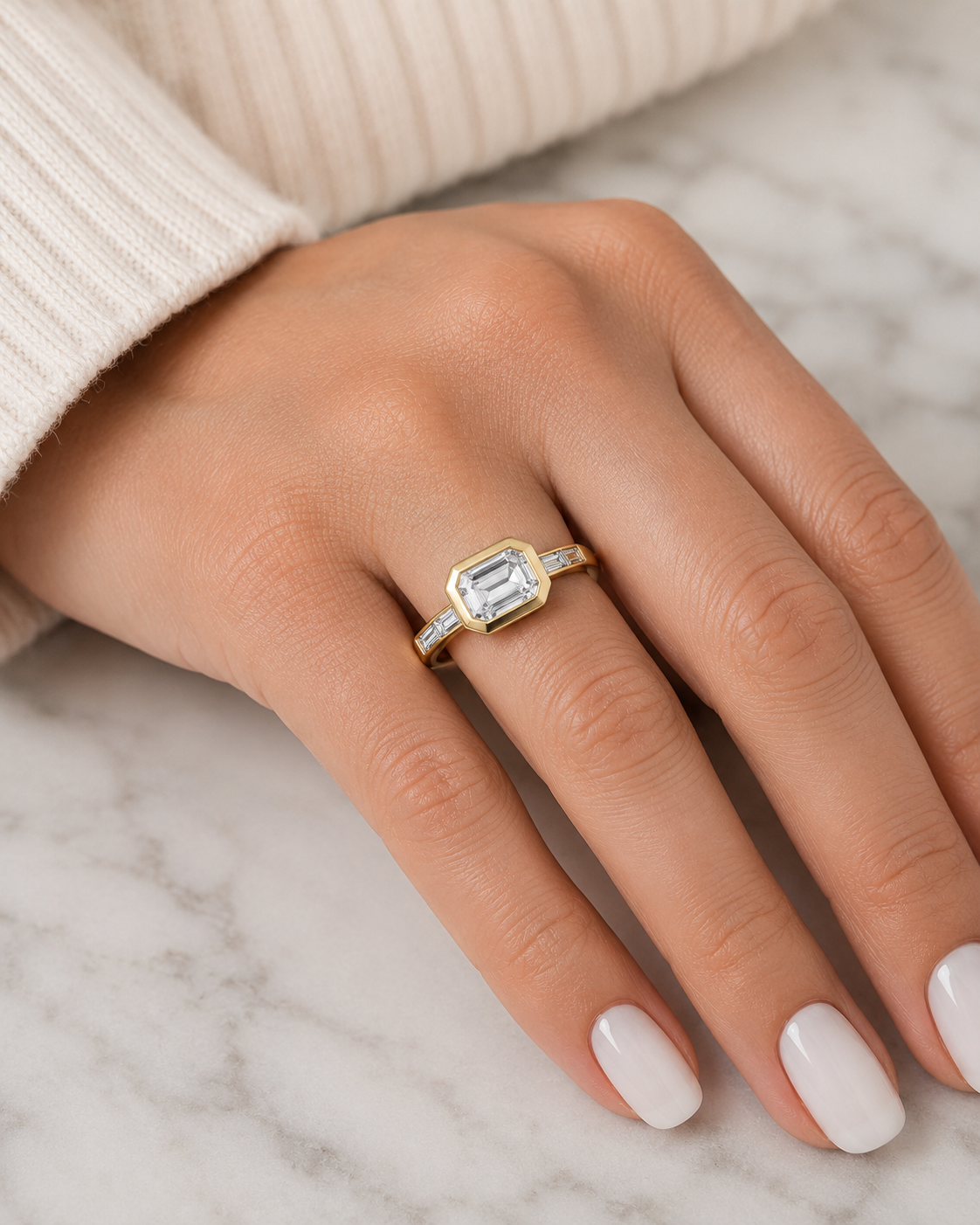 Emerald Cut Lab Grown Diamond Engagement Ring East-West Bezel 14K Yellow Gold IGI Certified 3.5 Carat