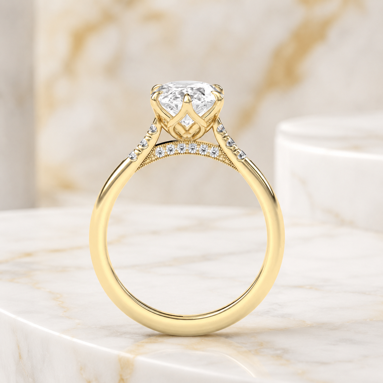 Oval Lab Grown Diamond Engagement Ring – Cathedral Trio Pavé 14K Gold – IGI Certified E VVS2