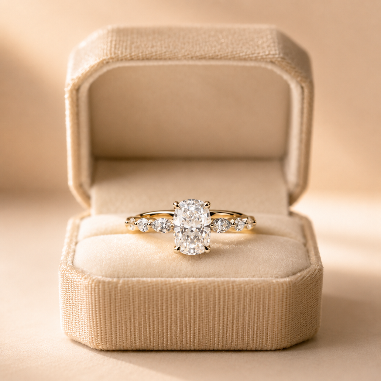 Cushion Lab Grown Diamond Engagement Ring Hidden Halo 18K Yellow Gold Elongated Claw Solitaire 2 Carat