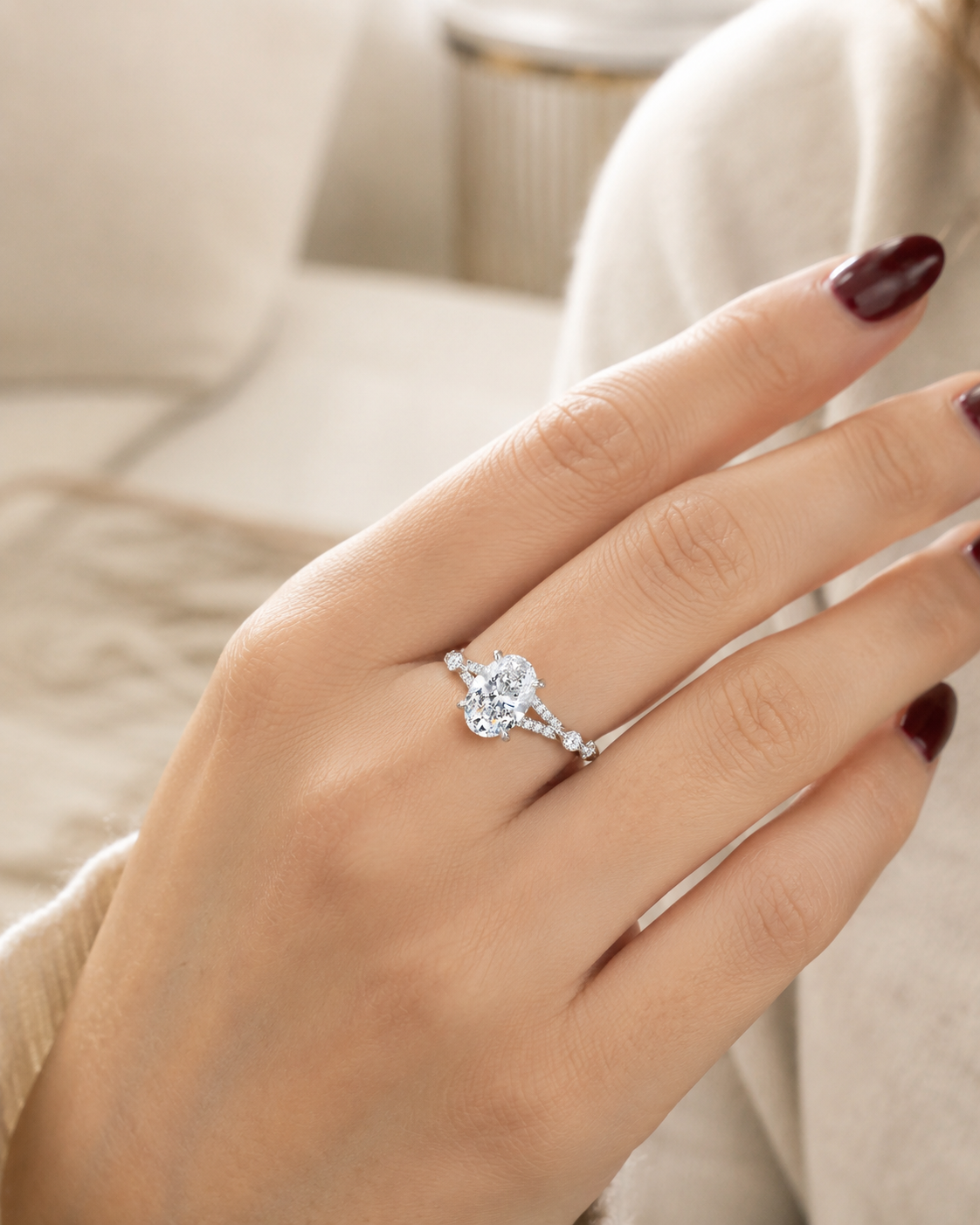 Oval Lab Grown Diamond Engagement Ring Marquise & Round Side Stones 14K White Gold E VVS2 1Ct Center
