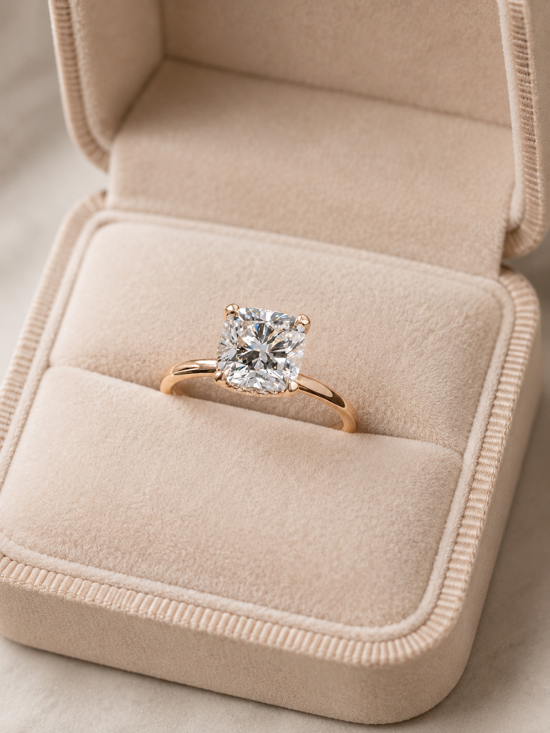Cushion Lab Grown Diamond Engagement Ring Hidden Halo Solitaire 14K Yellow Gold IGI Certified