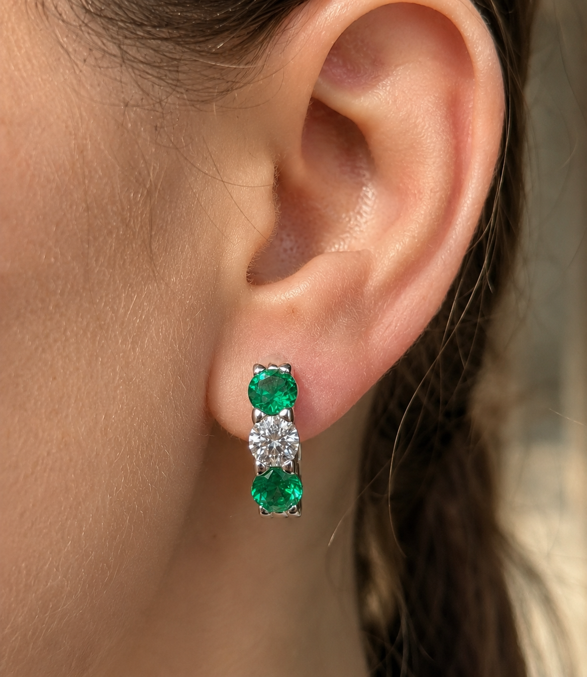 Round Lab Grown Diamond Huggie Hoop Earrings Created Emerald 14K White Gold IGI Certified 2ct