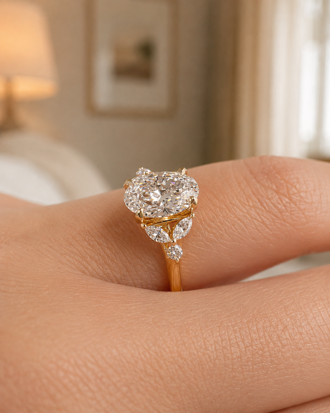 Oval Lab Grown Diamond Engagement Ring Floral Cluster 14K Yellow Gold IGI Certified 1.54 Carat E VVS2