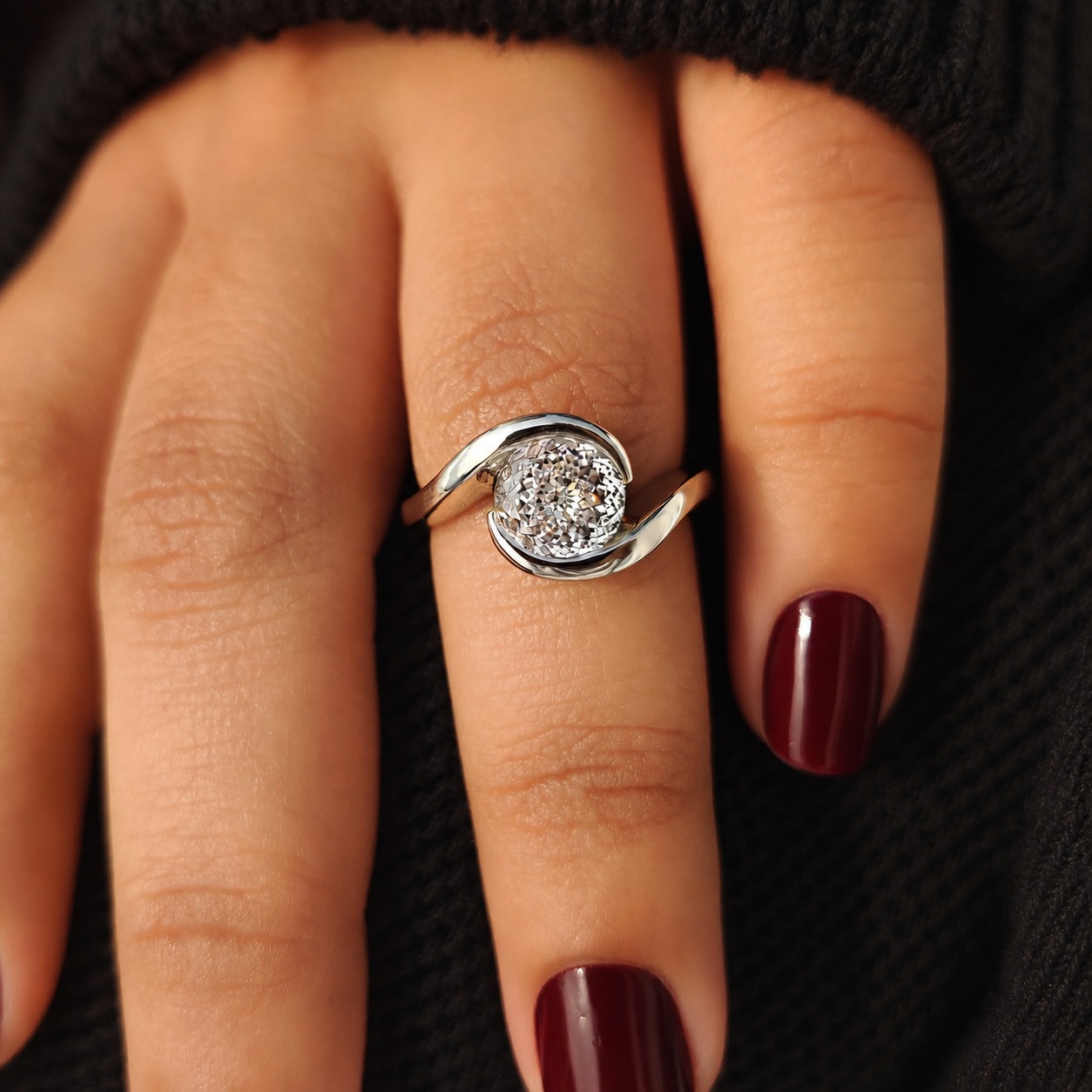 Portuguese Cut Lab Grown Diamond Engagement Ring Bypass Half Bezel 14K White Gold IGI Certified 1 Carat