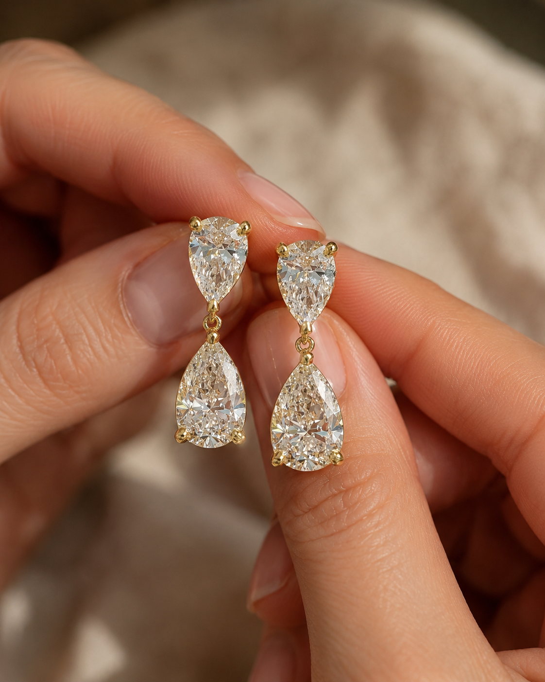 Pear Lab Grown Diamond Dangle Drop Earrings – Double Drop 14K Yellow Gold – IGI Certified E VVS2
