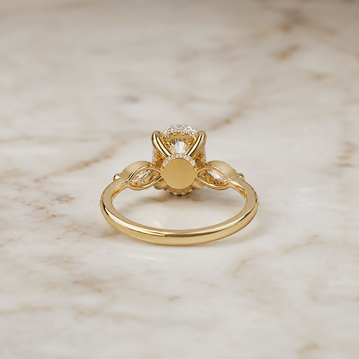 Oval Lab Grown Diamond Engagement Ring Marquise Side Stone Pavé 14K Yellow Gold IGI Certified 2ct