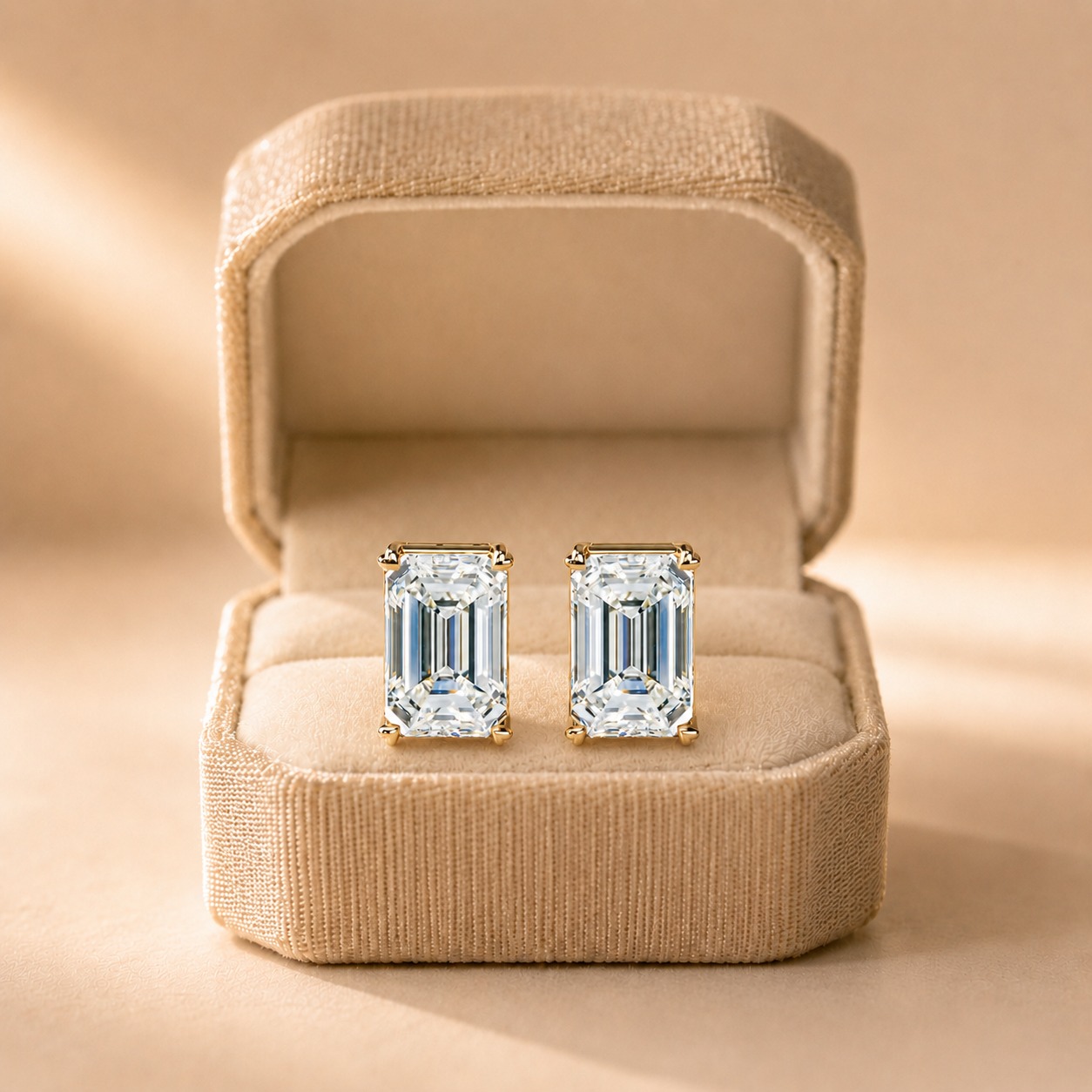 Emerald Cut Lab Grown Diamond Stud Earrings Four-Prong Solitaire 14K Yellow Gold IGI Certified 10ct