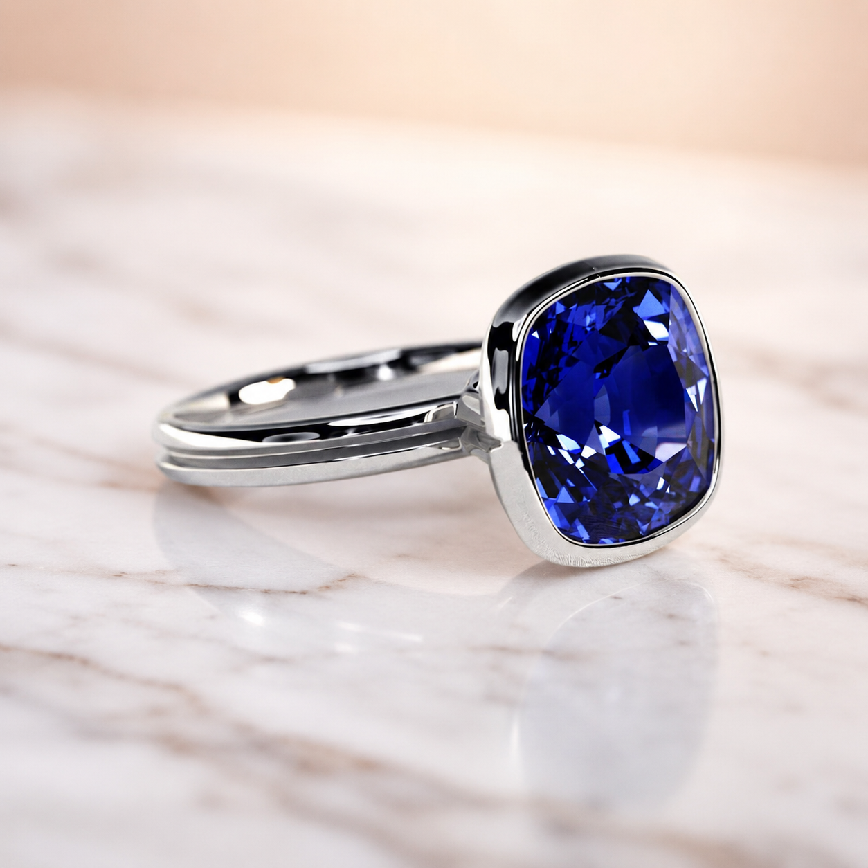 Blue Sapphire Cushion Cut Lab Grown Solitaire Ring Bezel Set 14K White Gold 2 Carat Royal Blue