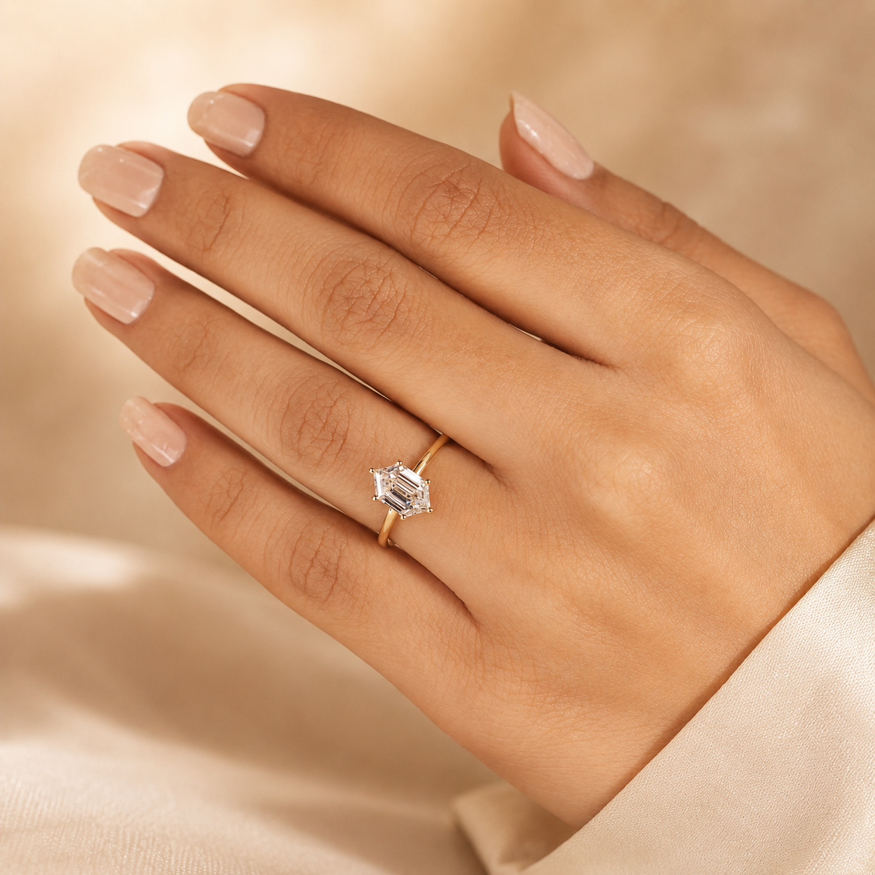 Hexagon Lab Grown Diamond Engagement Ring Solitaire 14K Yellow Gold IGI Certified 2 Carat E VVS2
