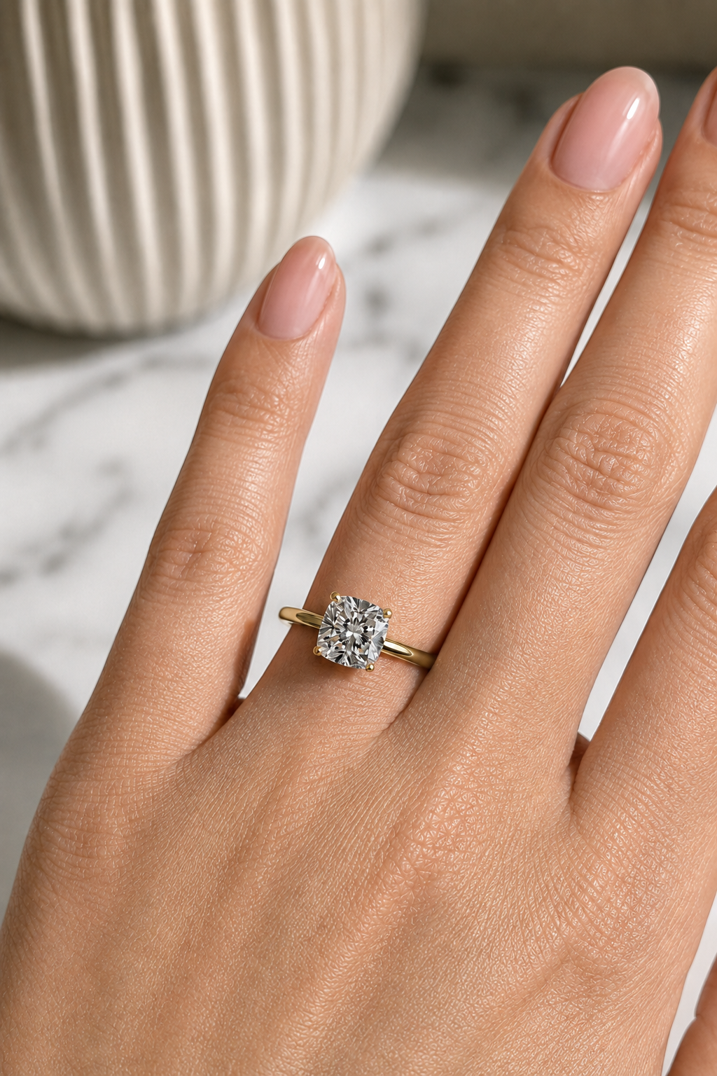 Cushion Lab Grown Diamond Engagement Ring Hidden Halo Solitaire 14K Yellow Gold IGI Certified