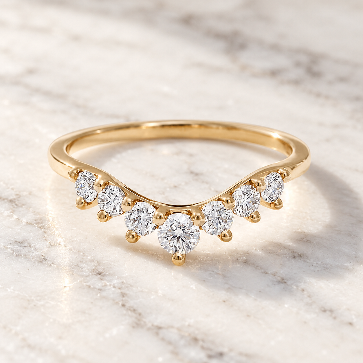 Round Lab Grown Diamond Curved Wedding Band – 7 Stone Graduated 14K Yellow Gold