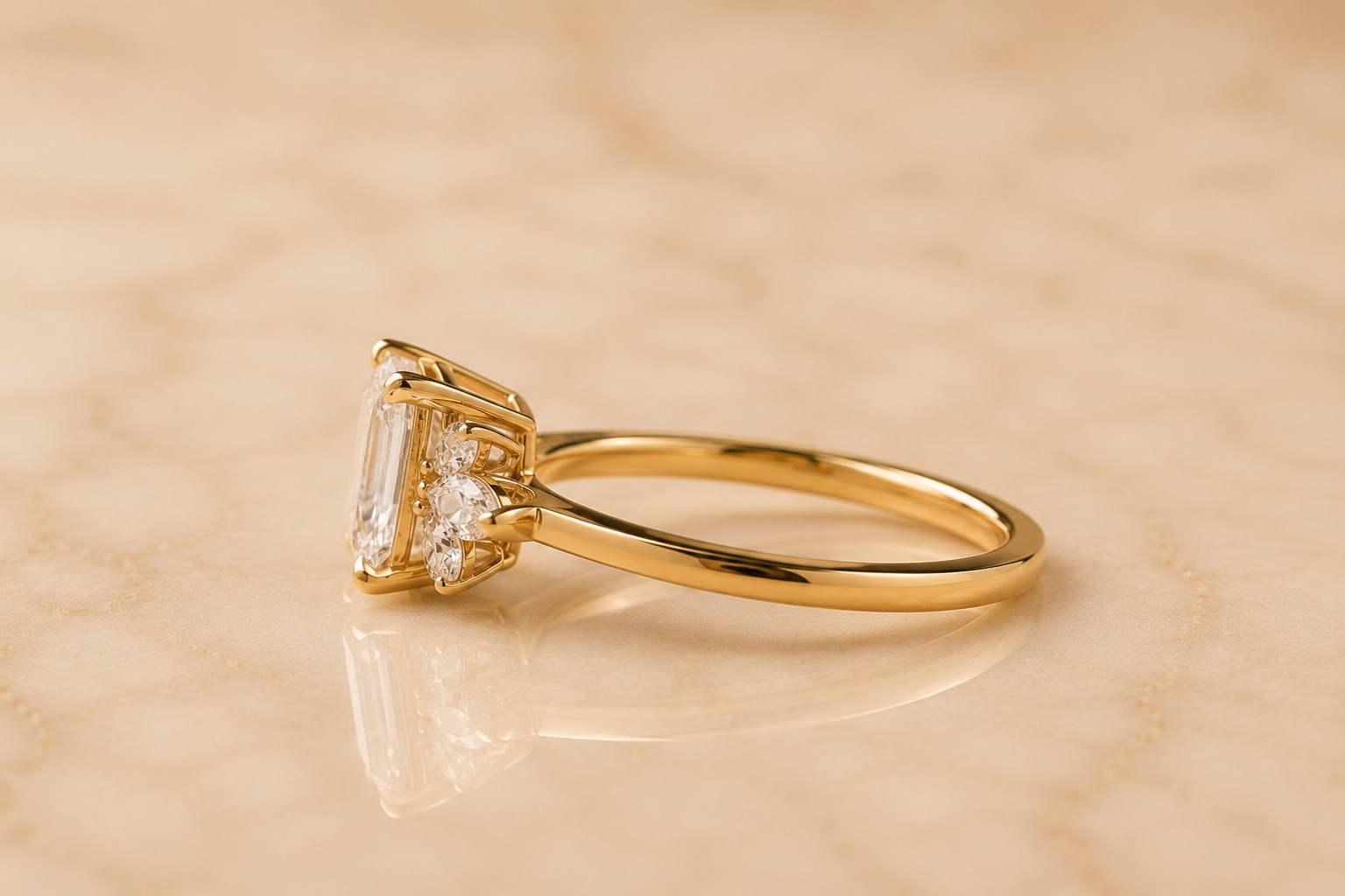 Emerald Cut Lab Grown Diamond Engagement Ring Marquise Halo 14K Yellow Gold – 1.5 Carat