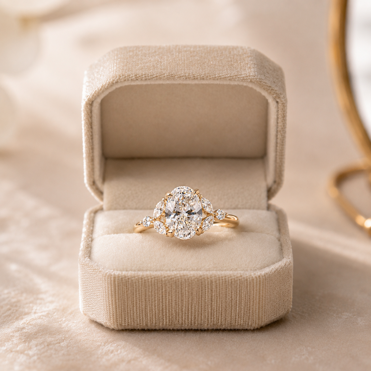 Oval Lab Grown Diamond Engagement Ring Floral Cluster 14K Yellow Gold IGI Certified 1.54 Carat E VVS2