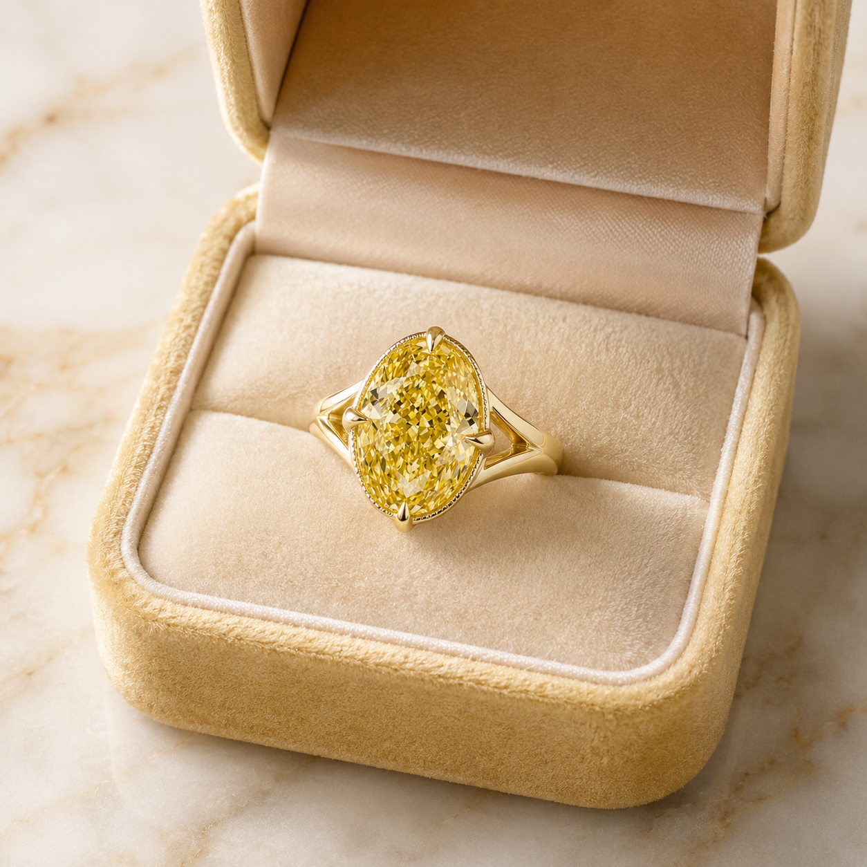 Fancy Yellow Oval Lab Grown Diamond Engagement Ring Milgrain Bezel Split Shank 14K Gold – Claw Prong Vintage Style