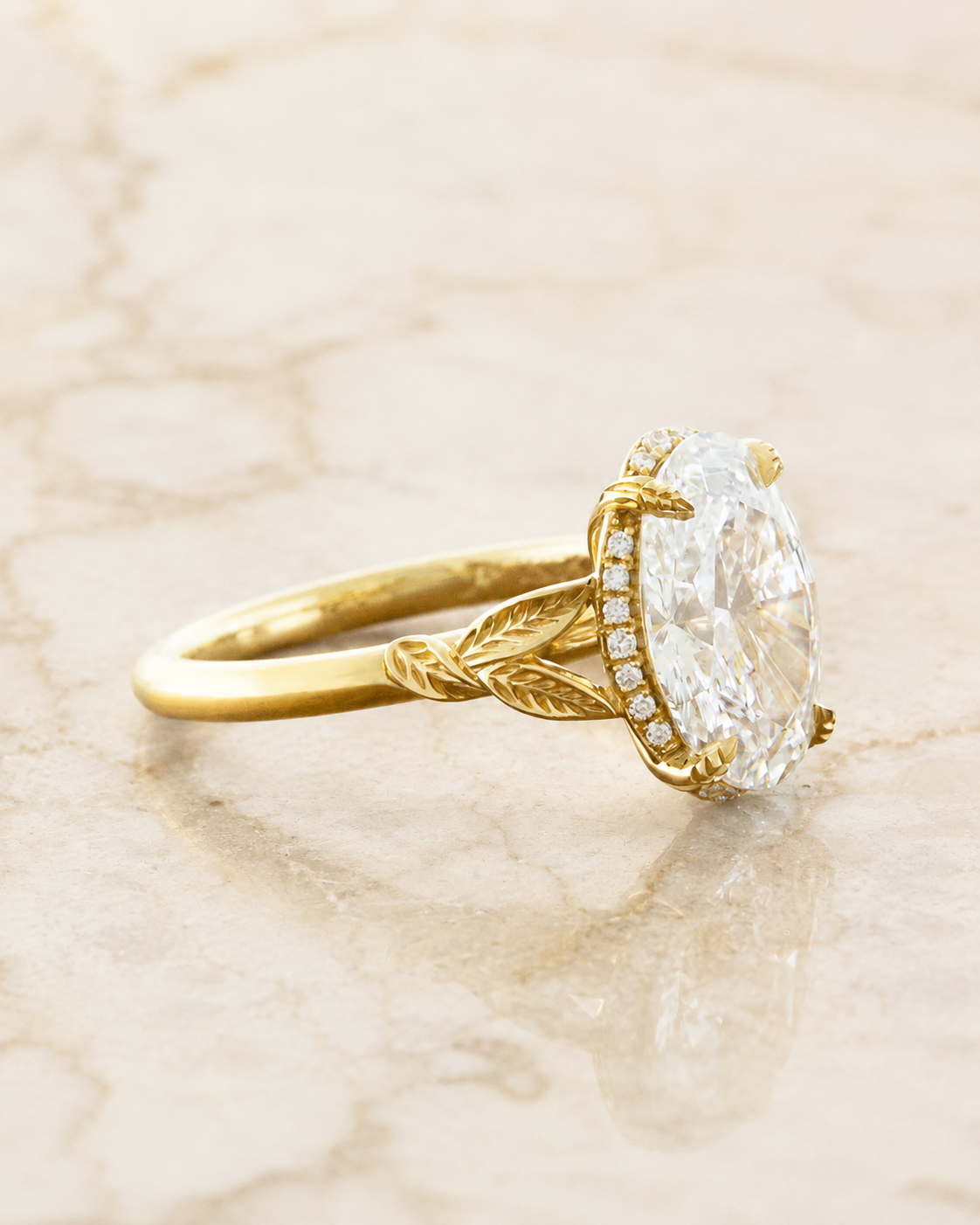 Oval Lab Grown Diamond Engagement Ring – Nature-Inspired Hidden Halo 18K Yellow Gold – 2.5 Carat