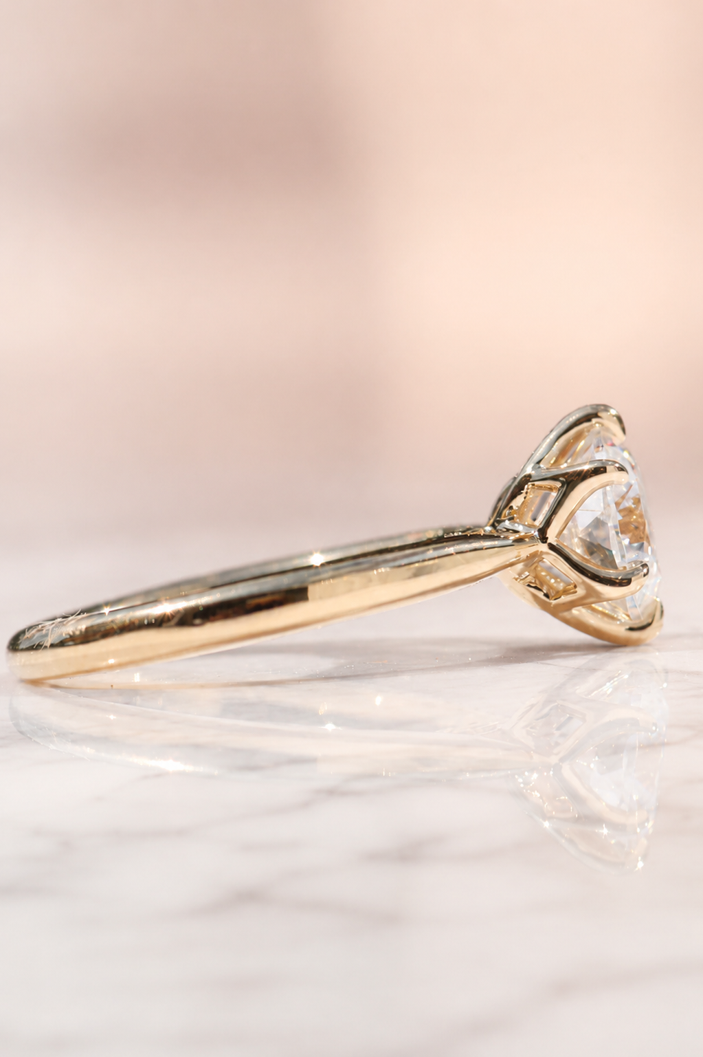 Round Portuguese Cut Lab Grown Diamond Engagement Ring Floral Petal Prong Solitaire 14K Gold – 161 Facet Cathedral Setting