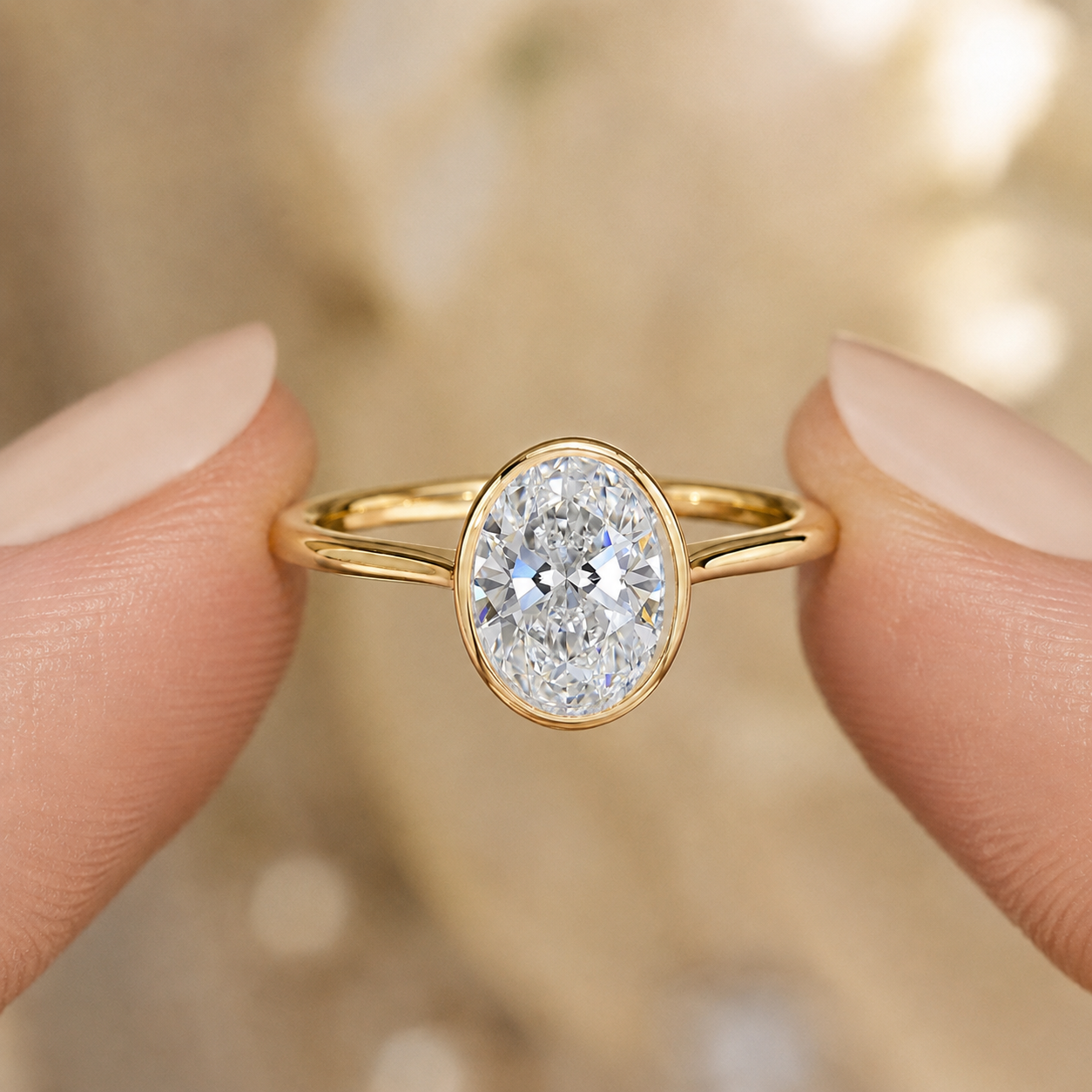 Oval Lab Grown Diamond Engagement Ring Bezel Solitaire 14K Yellow Gold E Color, IGI Certified