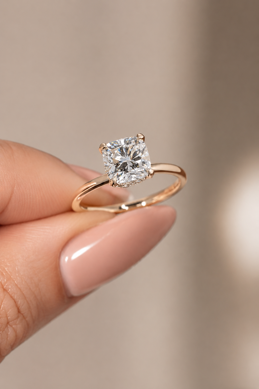 Cushion Lab Grown Diamond Engagement Ring Hidden Halo Solitaire 14K Yellow Gold IGI Certified