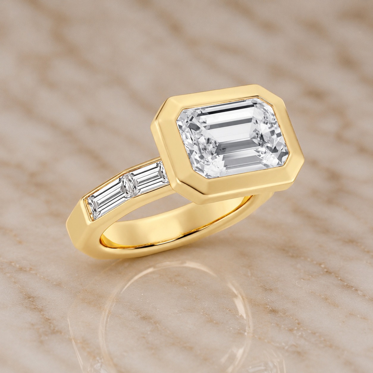 Emerald Cut Lab Grown Diamond Engagement Ring East-West Bezel 14K Yellow Gold IGI Certified 3.5 Carat