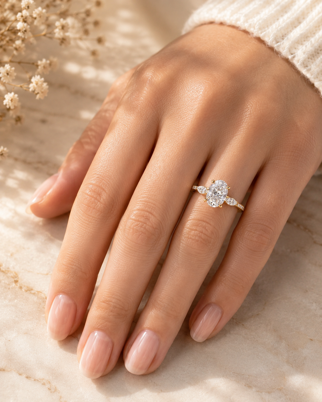 Oval Lab Grown Diamond Engagement Ring Marquise Side Stone Pavé 14K Yellow Gold IGI Certified 2ct