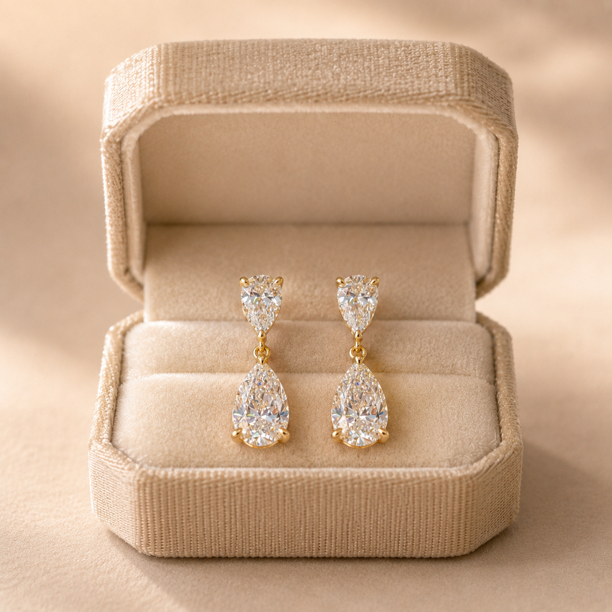Pear Lab Grown Diamond Dangle Drop Earrings – Double Drop 14K Yellow Gold – IGI Certified E VVS2