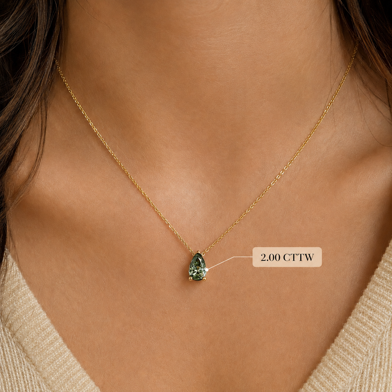 Green Pear Lab Grown Diamond Solitaire Pendant Three Prong 18K Yellow Gold Necklace