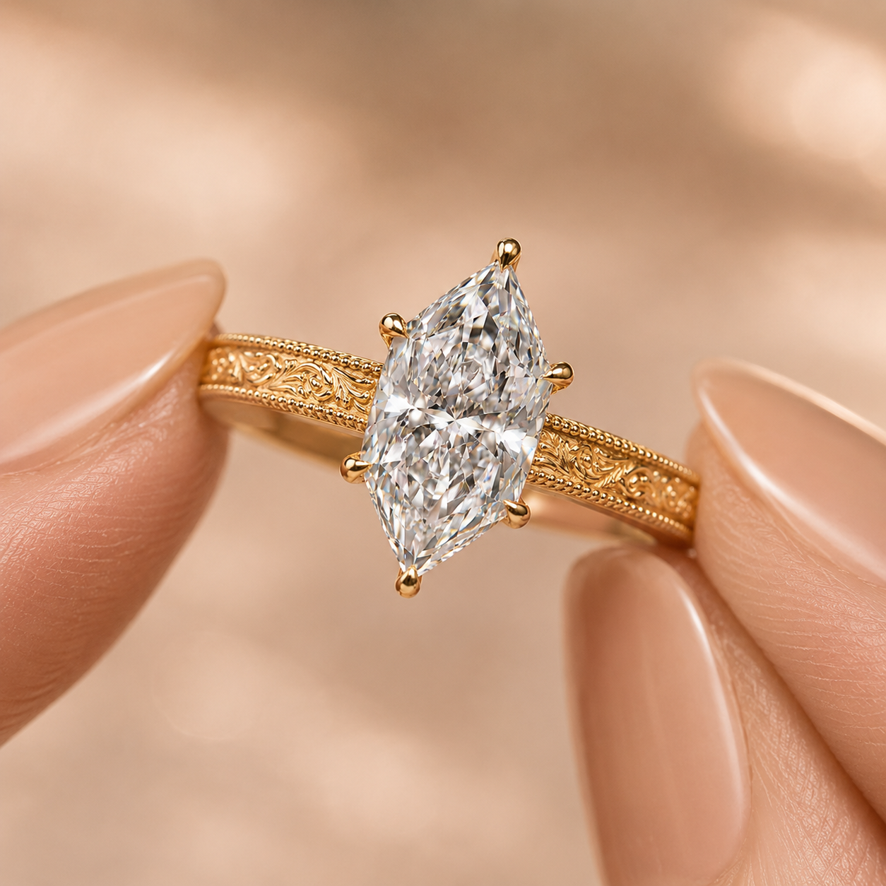Dutch Marquise Lab Grown Diamond Engagement Ring Vintage Etched Solitaire 14K Gold IGI Certified 3 Carat E VVS2
