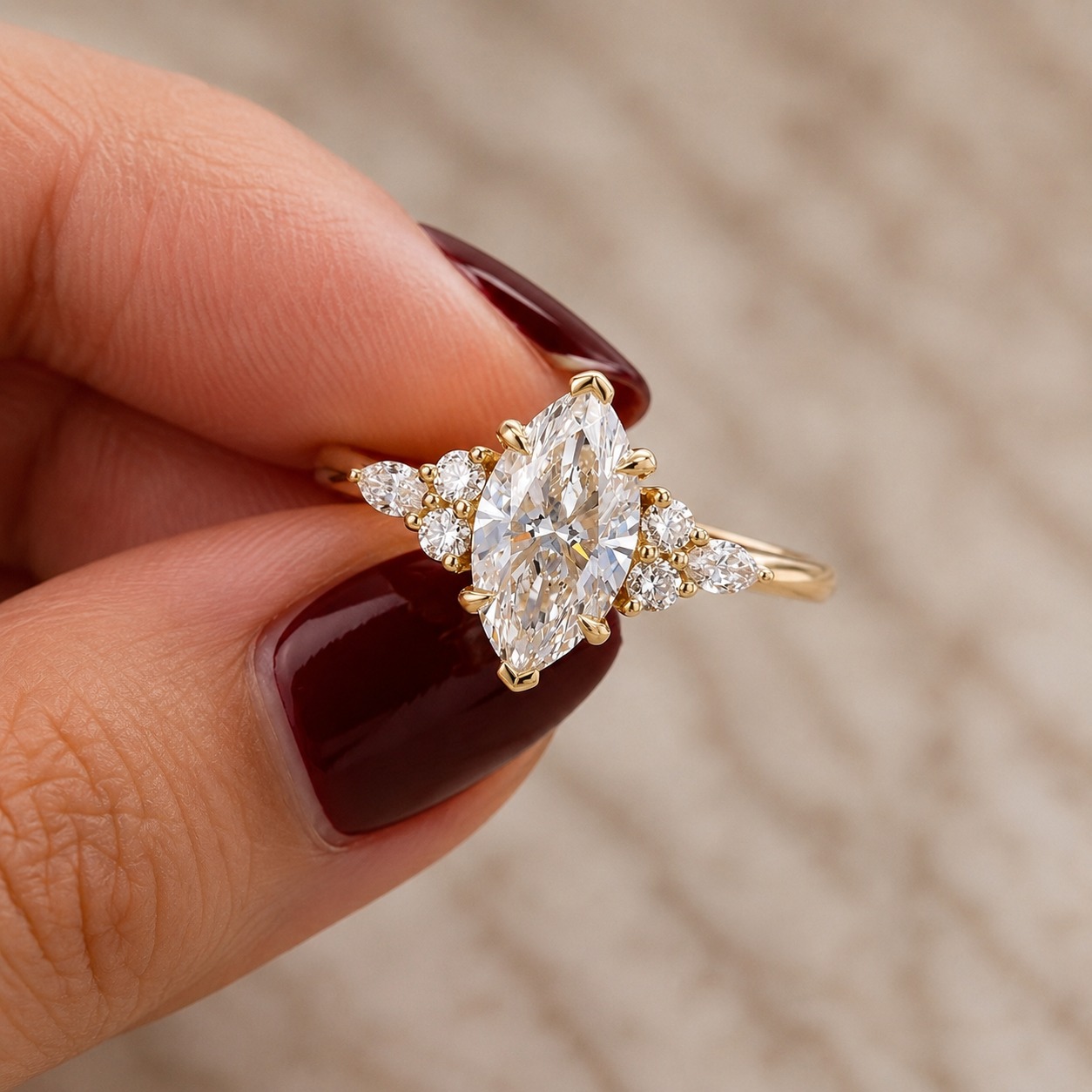 Marquise Lab Grown Diamond Engagement Ring Side Stone 14K White Gold 1 Carat Center Stone