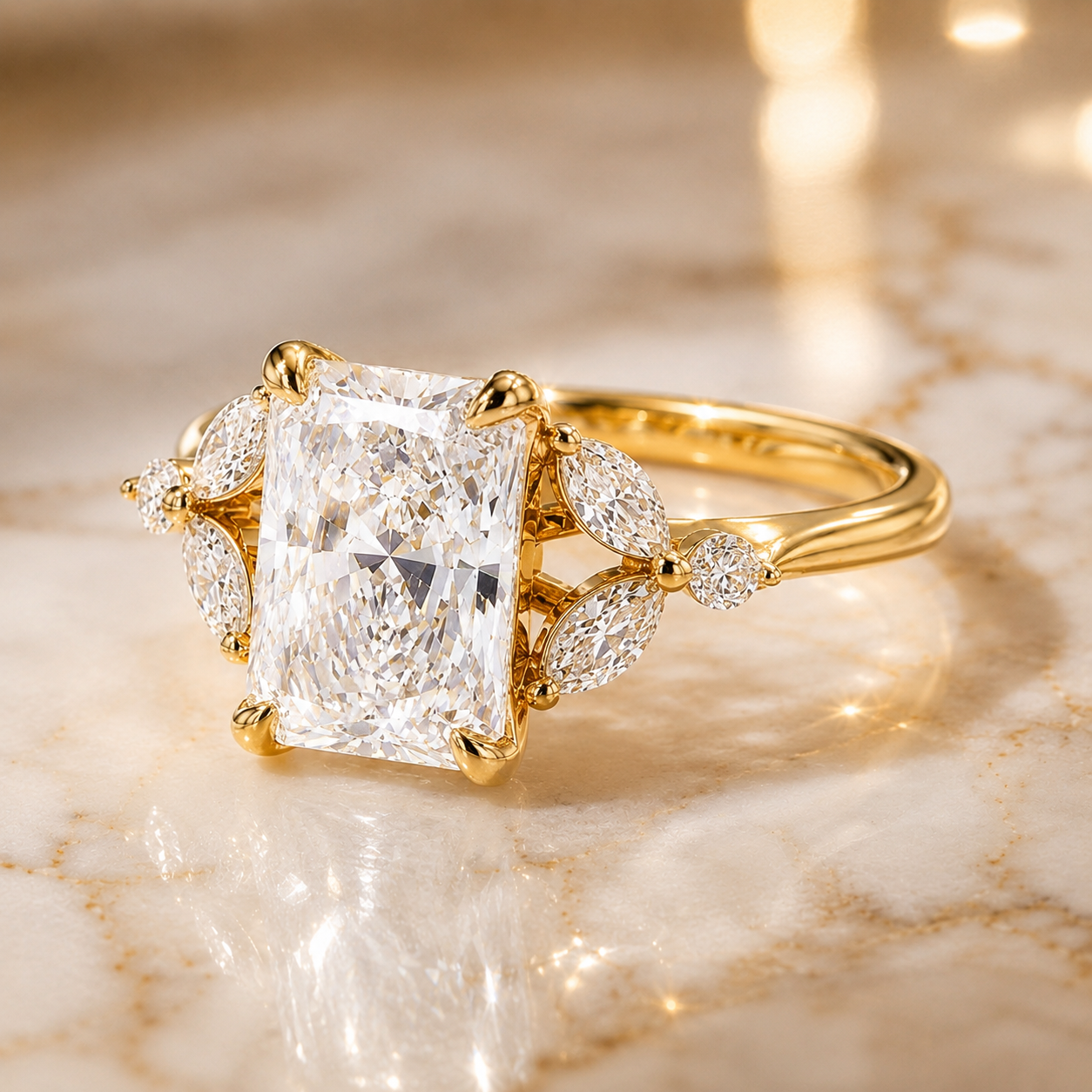 Radiant Lab Grown Diamond Engagement Ring – Cluster Marquise 14K Yellow Gold – IGI Certified 2.22 Carat E VVS2
