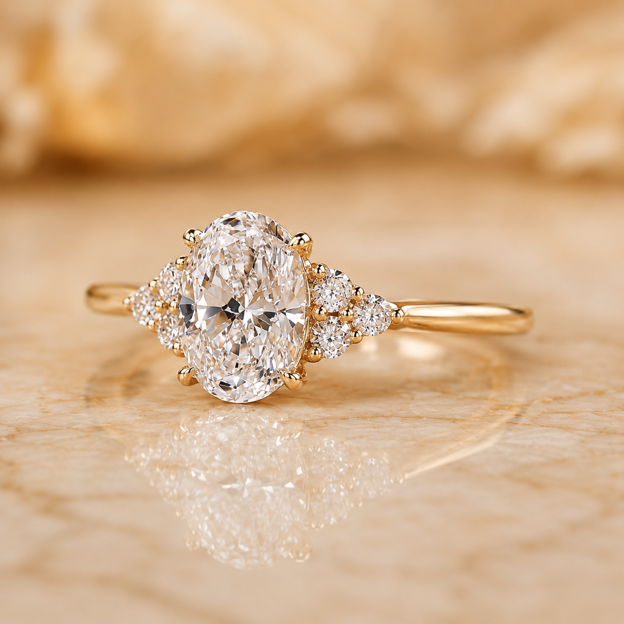 Oval Lab Grown Diamond Engagement Ring 7 Stone Cluster 14K Yellow Gold IGI Certified 2 Carat E VVS2
