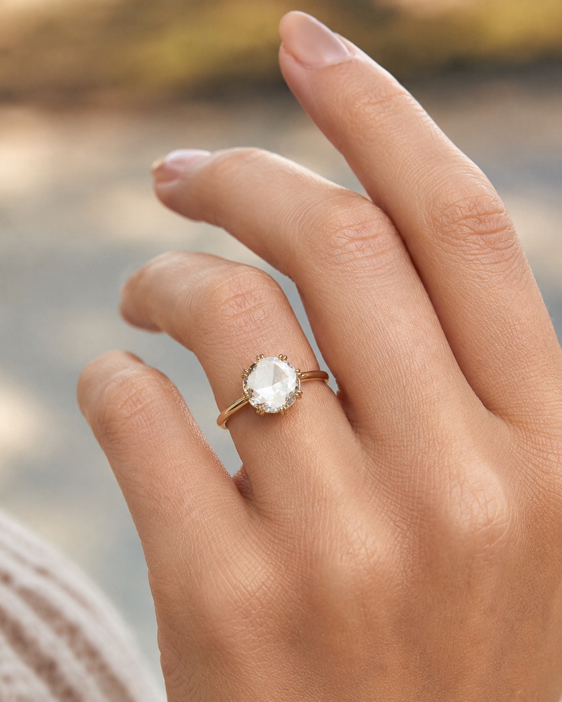 Round Rose Cut Lab Grown Diamond Engagement Ring Double Claw Prong 14K Rose Gold Vintage Solitaire