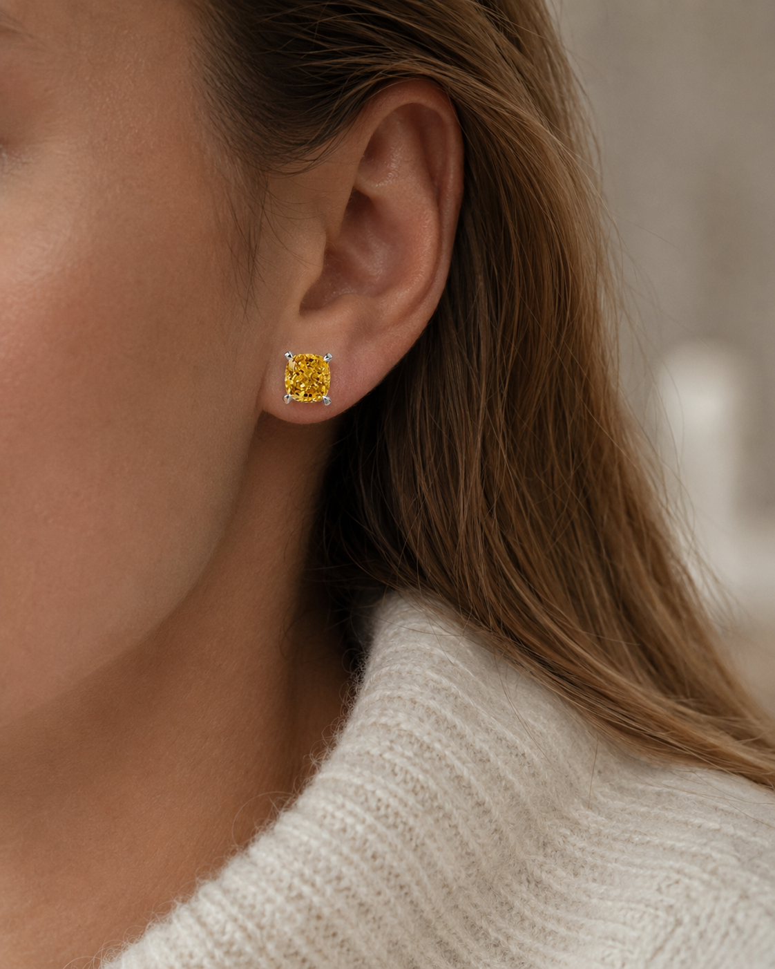Yellow Cushion Lab Grown Diamond Stud Earrings Hidden Halo 14K White Gold IGI Certified 3.5 Carat