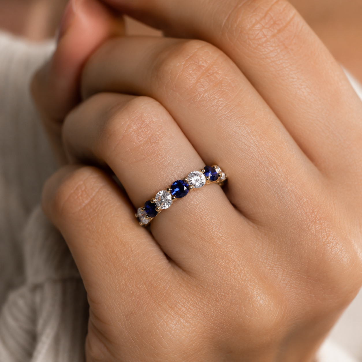 4Ct Round Lab Grown Diamond & Blue Sapphire Eternity Band – 14K Gold, IGI — alternate view
