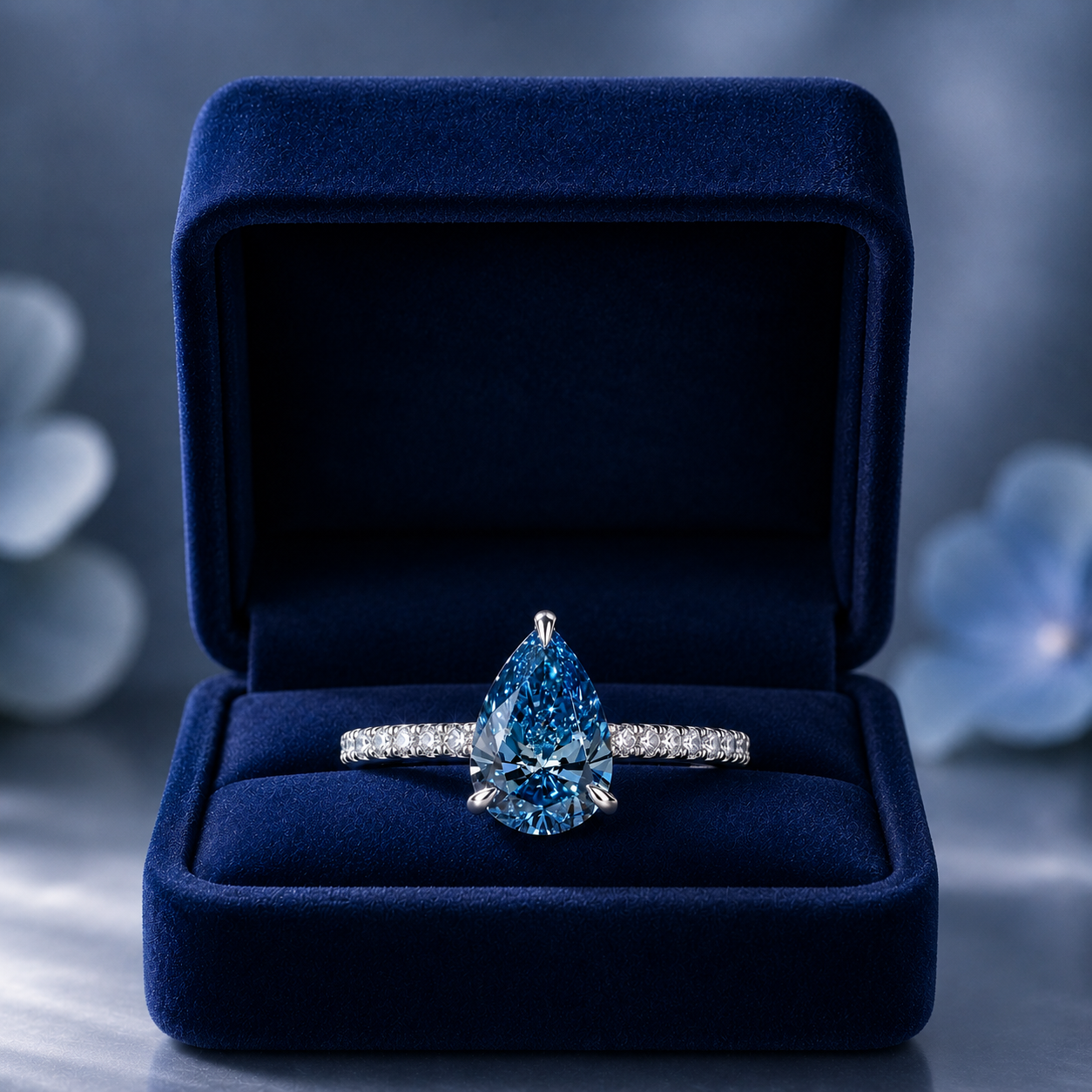 Fancy Blue Pear Lab Grown Diamond Engagement Ring Pavé 14K White Gold IGI Certified 1.02 Carat
