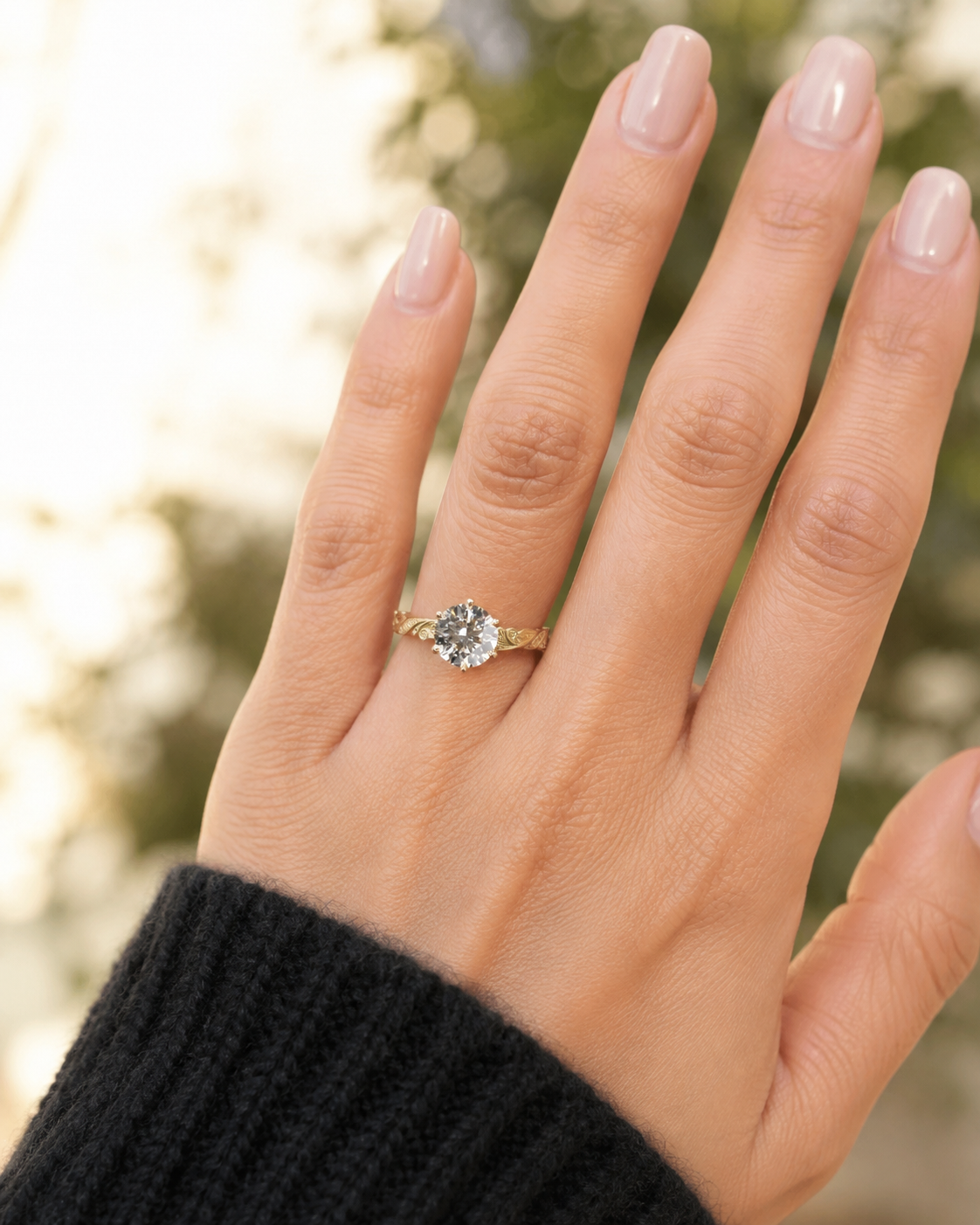Round Lab Grown Diamond Engagement Ring Vintage Scroll Six-Prong 14K Yellow Gold IGI Certified 2ct E VVS2