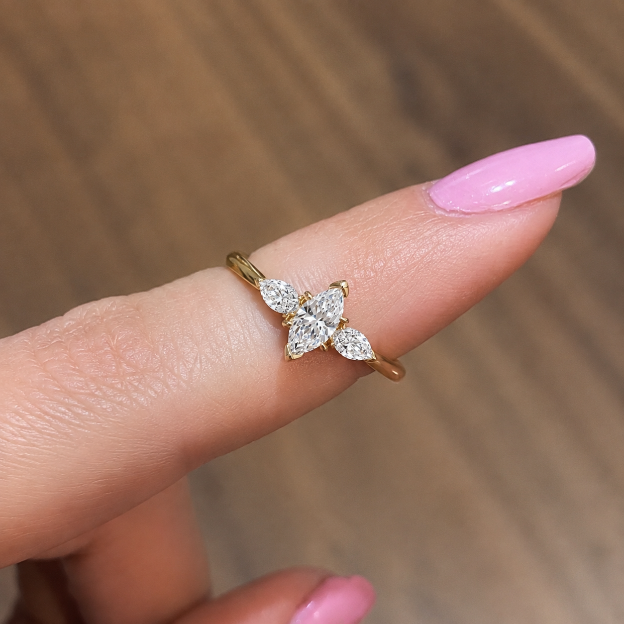 Marquise Lab Grown Diamond Engagement Ring Three Stone 14K Yellow Gold Pear Accents, IGI Certified