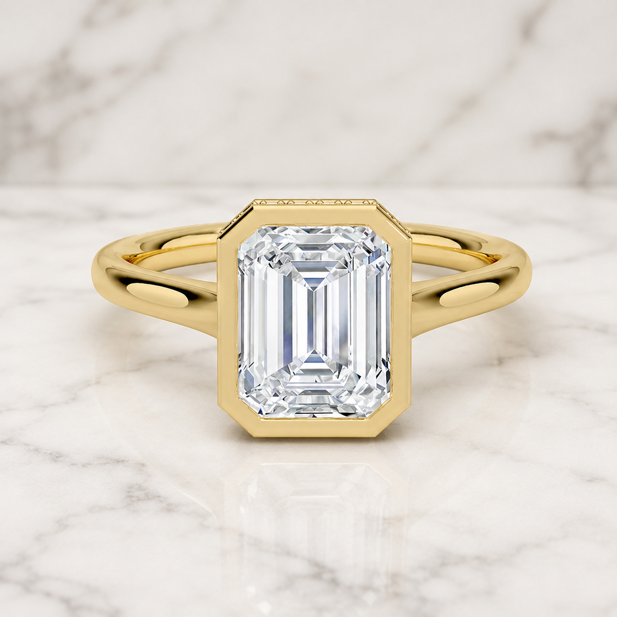 Emerald Cut Lab Grown Diamond Engagement Ring Bezel Hidden Halo 14K Yellow Gold Split Shank