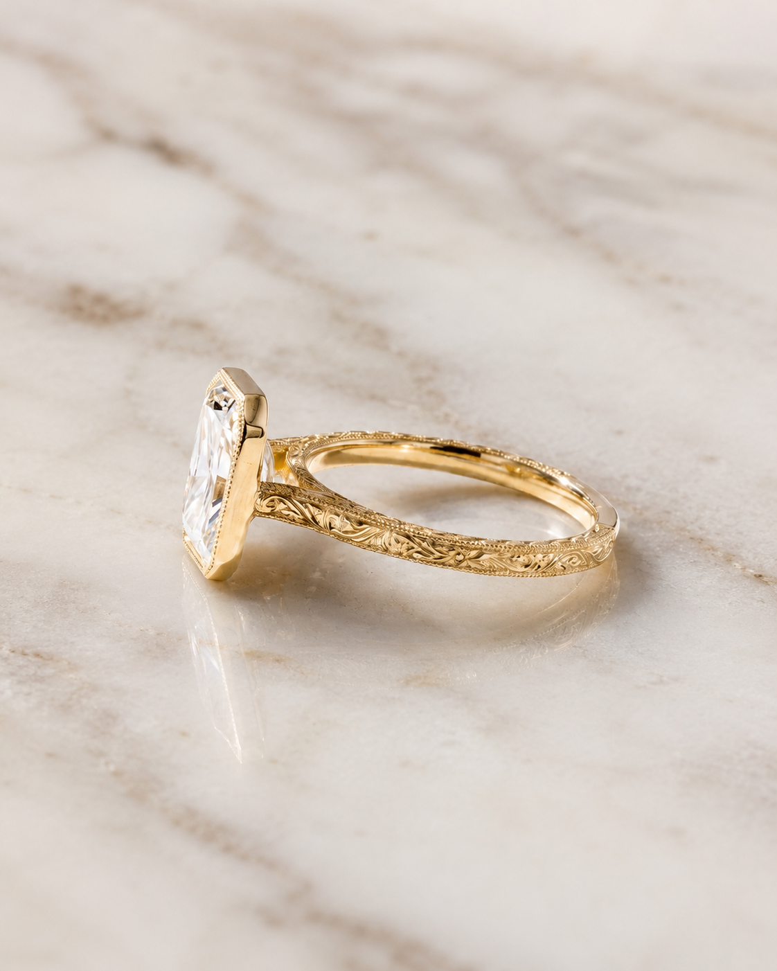 Radiant Lab Grown Diamond Engagement Ring Bezel 14K Yellow Gold Hand-Engraved Milgrain Band