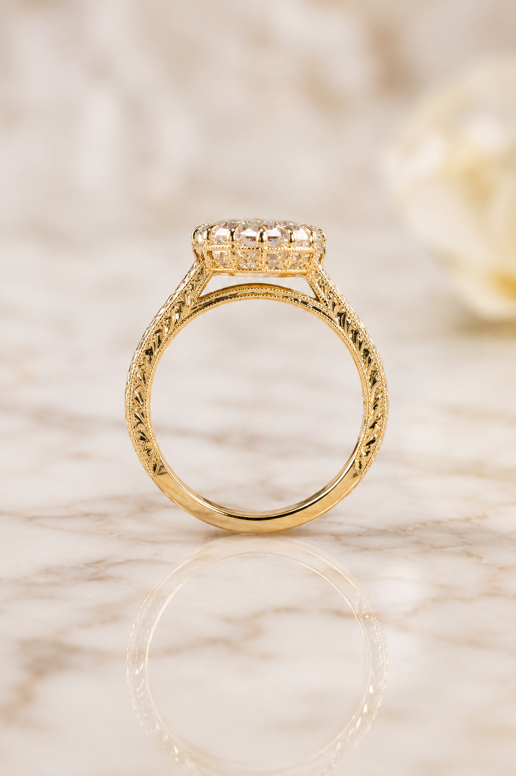 Oval Lab Grown Diamond Engagement Ring Vintage Halo 14K Yellow Gold IGI Certified 2.55 Carat E VVS2