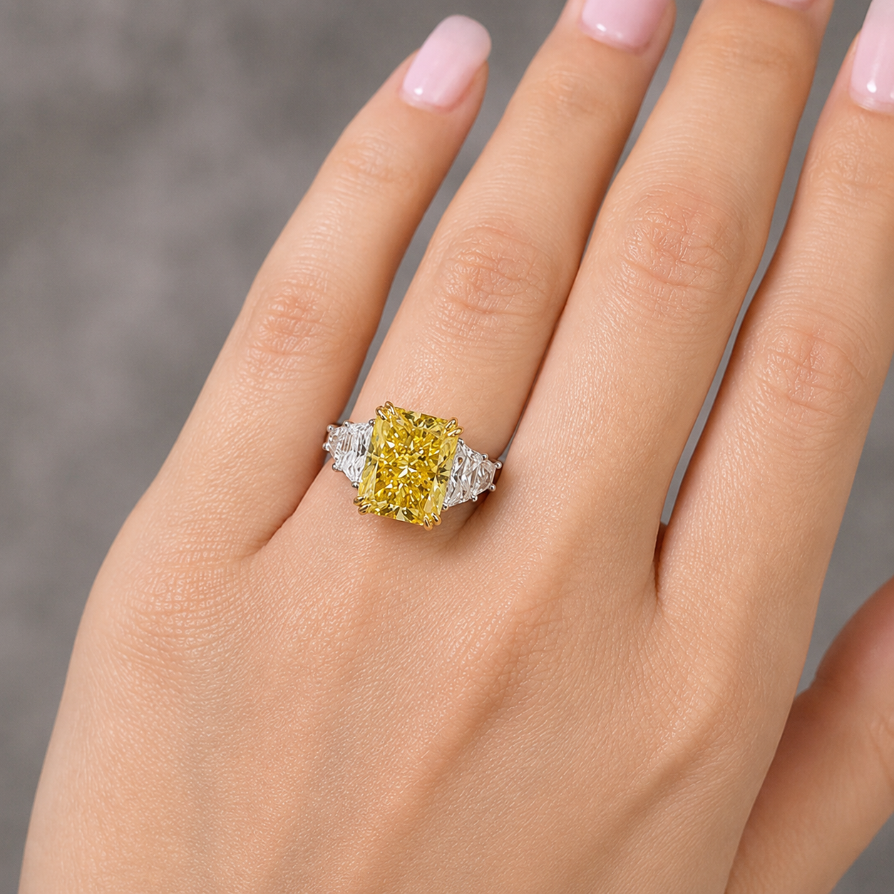 Canary Yellow Radiant Engagement Ring Five Stone 14K Yellow Gold –VVS2 Trapezoid Baguette Sides