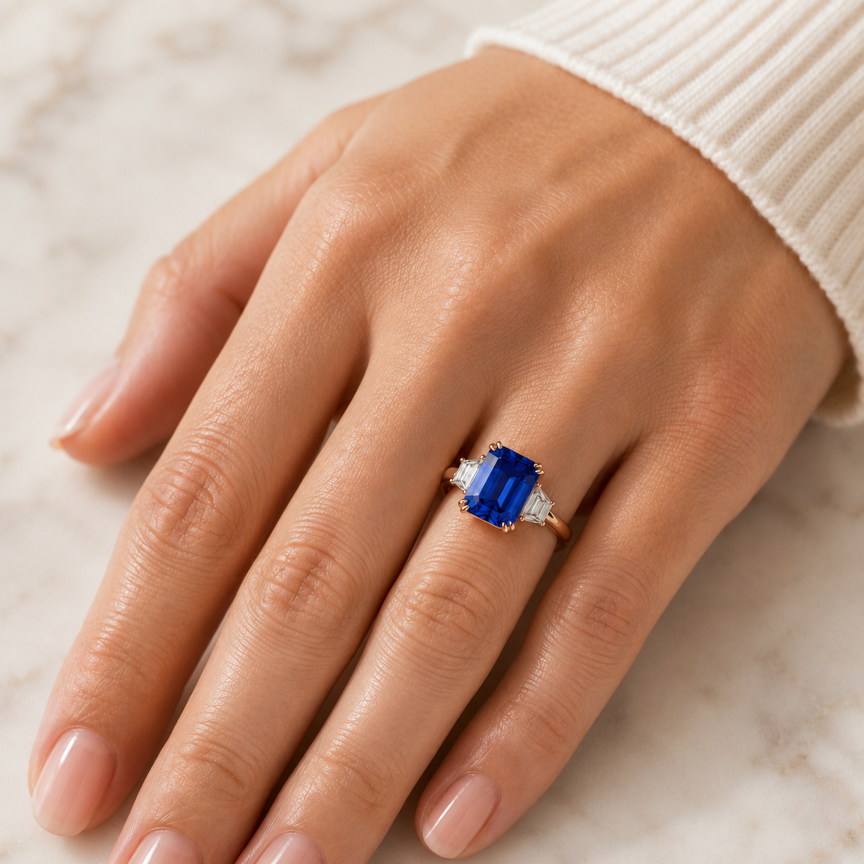 Emerald Cut Sapphire Lab Grown Diamond Engagement Ring Three Stone Trapezoid 14K Rose Gold 1ct E VVS2