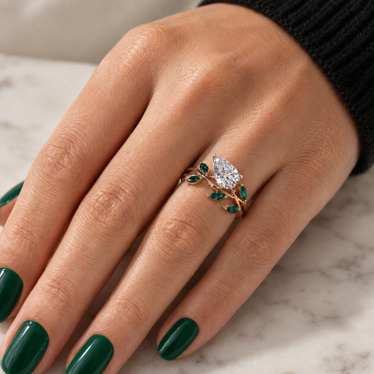 Pear Lab Grown Diamond Engagement Ring Branch Side Stone 14K Rose Gold Marquise Emerald Accents, IGI Certified