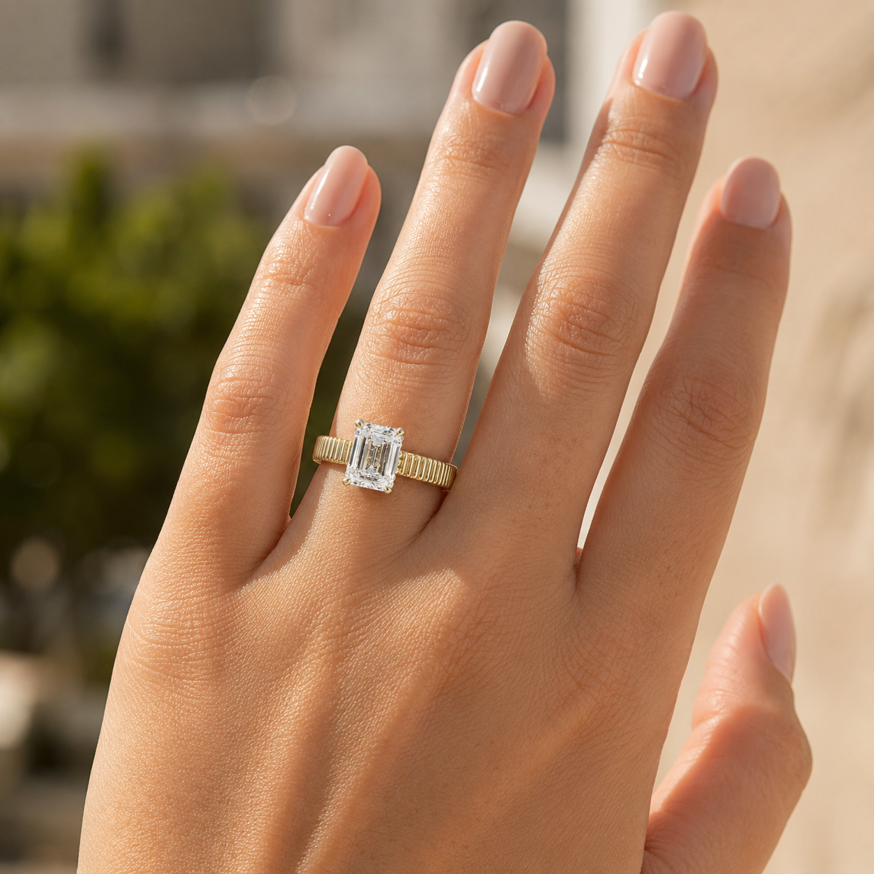 Emerald Cut Lab Grown Diamond Engagement Ring Grooved Solitaire 14K Yellow Gold 2mm Vertical Shank